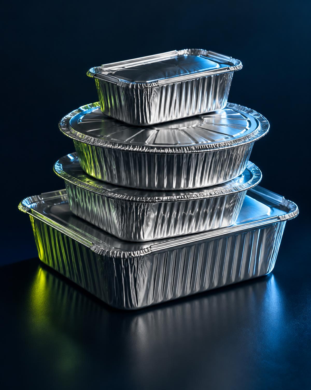 Stacked aluminium packaging containers with reflective edges